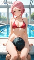 1boy 1girls 2026 ai_assisted ai_generated anime artist_name bikini breasts bust explicit hair_ornament hairclip hi_res high_quality high_resolution highres lisbeth navel patreon patreon_username pink_hair pool pool_ladder poolside red_bikini rei_no_pool shinozaki_rika short_hair sitting skypassion soaking_feet stable_diffusion swimsuit sword_art_online sword_art_online:_alicization tile_floor tiles water watermark window