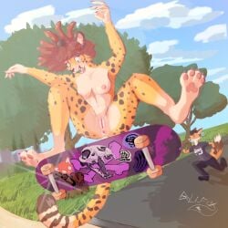 anthro anus areola black_clothing black_shirt black_t-shirt black_topwear bolivarfox brown_ears brown_hair brown_spots cheetah clitoris clothed clothed_anthro clothed_male clothing dipstick_tail duo felid feline female fur genitals gloves_(marking) hair hi_res humanoid_genitalia humanoid_hands humanoid_vulva inner_ear_fluff jenny_(bolivarfox) leg_markings limp_bizkit linkin_park logo_on_shirt looking_down male mammal markings nipples nude nude_anthro nude_female pawpads pink_areola pink_inner_ear pink_nipples pink_pawpads running shirt skateboard skateboarding socks_(marking) solo_focus spots spotted_body spotted_fur t-shirt tail tail_markings topwear tuft vehicle vulva white_inner_ear_fluff