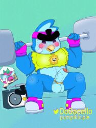 athletic_wear avian ball_ring balls barbell beak bird blue_body blue_feathers blue_fur bodily_fluids boombox brawl_stars buzz_(brawl_stars) buzz_x_mr._p clothing dinosaur dogacello erection exercise eyelashes feathers footwear foreskin fur genitals gloves gym handwear hi_res male mr._p_(brawl_stars) muscular penguin penis prehistoric_species purple_clothing purple_gloves purple_handwear reptile ring scalie shoes signature simple_background sneakers solo standing supercell_(company) sweat sweatdrop vein veiny_penis weightlifting workout yellow_beak