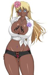 belly_piercing blonde_hair blue_eyes breasts cleavage curvy dark-skinned_female dark_skin female female_only flower ganguro gyaru hips hotpants huge_breasts human jewelry large_breasts lip_van_winkle lipstick long_hair makeup midriff momoe_maria narrow_waist navel necklace no_bra ookiku_furikabutte panties piercing pink_panties ponytail side_ponytail simple_background smile solo tattoo thick_thighs thighs thong tied_hair underwear wide_hips