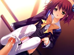 blush bow breasts brown_hair cameltoe censored clothed_sex cum cum_on_clothes cum_on_lower_body desk dutch_angle feet footjob footjob_with_legwear footwear from_below hair_ribbon hoshiuta kuroda_yui legs open_mouth panties penis ribbon school_uniform seifuku short_hair sitting skirt sockjob thighhighs tied_hair twintails underwear uniform upskirt white_legwear yellow_eyes