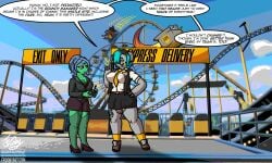 absurd_res amusement_park amusement_ride anthro aquatic arm_tattoo badge bat big_nose bottomwear chucklefish clothed clothing corruption draxis duo echoen elephant elephantid female ferris_wheel fish fishnet_stockings flaccid footwear frooby gate genitals goo_creature green_body green_eyes grey_body gynomorph hanako_futaba hi_res high_heels highlights_(coloring) humanoid hylotl intersex interview koala leg_tattoo mammal marsupial melbourne_(frooby) nanomachines necktie notebook pen_(object) penis proboscidean pubes railing rolled_up_sleeves roller_coaster shirt shoes skirt socks starbound suit_jacket synth_(vader-san) tattoo topwear transformation vest vombatiform