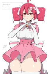 1girls 2d 2d_(artwork) ahoge annoyed annoyed_expression armwear artist_name artist_signature big_breasts big_thighs blush blushing bottom_heavy bowtie breasts clothed clothed_female clothing dress enormous_thighs female female_only fully_clothed gigantic_thighs hair_ornament hairbow heart_gesture heart_hands heart_symbol hips_wider_than_shoulders hourglass_figure huge_breasts huge_hips huge_thighs ineffective_skirt kasane_teto koeikobo large_breasts large_thighs looking_at_viewer magical_girl magical_girl_outfit massive_thighs microskirt miniskirt panties panties_visible pear_shaped pear_shaped_female plump plump_thighs red_eyes red_hair request request_inset shiny_skin short_skirt simple_background skindentation skirt slim_waist sweat sweatdrop sweating thick_thighs thigh_squish thighhighs thighs thighs_bigger_than_head thighs_bigger_than_torso tiny_waist twin_drills utau visible_panties waist_bow white_background white_panties white_thighhighs wide_hips