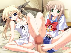 2girls barefoot blonde_hair blue_eyes bow brown_hair censored daikinzan_rururu daikinzan_sasara double_footjob feet footjob game_cg green_eyes hair_ribbon multiple_girls nipple nipples panties penis ribbon rururu_to_sasara_no_sensei_oshiete shorts sitting skirt smile souda_shinme teamwork underwear upskirt