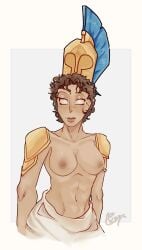 athena_(epic_the_musical) breasts breasts_out brunette brunette_hair epic_the_musical glowing_eyes greek_helmet helm helmet natural_breasts shoulder_armor warrior warrior_woman