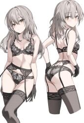 absurdres ass black_bra black_garter_belt black_gloves black_panties black_thighhighs bra breasts closed_mouth collarbone commentary female garter_belt gloves grey_hair highres honkai:_star_rail honkai_(series) light_blush lingerie long_hair looking_at_viewer medium_breasts multiple_views navel panties parted_lips scarlet_(wv0102) simple_background stelle_(honkai:_star_rail) stomach thighhighs thighs trailblazer_(honkai:_star_rail) underwear underwear_only untranslatable_commentary wavy_hair white_background yellow_eyes