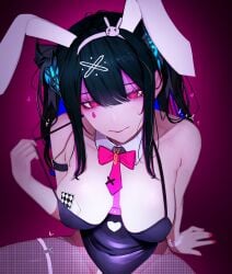 absurdres ace_(playing_card) ace_of_hearts animal_ears bare_shoulders black_hair blue_hair breasts card chest_harness cleavage commentary english_commentary facial_mark fake_animal_ears female fishnet_thighhighs fishnets harness heart heart-shaped_pupils highres hololive hololive_english large_breasts mole mole_under_eye multicolored_hair nerissa_ravencroft playboy_bunny playing_card purple_background purple_eyes rabbit_ears rabbit_hole_(vocaloid) soju_ice solo spaghetti_strap symbol-shaped_pupils teardrop_facial_mark thighhighs twintails two-tone_hair virtual_youtuber