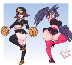 2d 2girls ass athletic athletic_female borderreloaded breasts bubble_butt busty cheerleader cheerleader_uniform female female_focus female_only full_body hourglass_figure oc original_character pinup pinup_pose skimpy skimpy_clothes sneakers tagme wide_hips