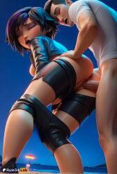1boy 1boy1girl 1girls ai_generated ass beach bent_over big_hero_6 big_hero_6:_the_series bike_shorts black_hair black_shorts blue_sky breasts closed_eyes clothes_pull day doggystyle eyeshadow female gogo_tomago hetero hi_res jacket lips lipstick looking_back makeup marvel marvel_comics medium_breasts multicolored_hair nipples no_panties nose ocean open_mouth outdoors penis purple_hair pussy rule34lab sex sex_from_behind short_hair shorts shorts_pull sky streaked_hair testicles two-tone_hair umbrella uncensored vaginal vaginal_penetration vaginal_sex