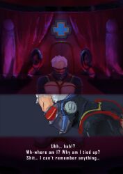 1boy amnesia blizzard_entertainment bondage buttplug captured colored detailed_background dildo english_text full_body gay_to_straight gay_with_woman grey_hair indoors kidnapped kneeling male nipples orientation_play overwatch pink_light pink_lighting renzai rope scared sex_dungeon soldier_76 solo stage statue text visor