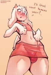 absurd_res anthro balls biped blush bodily_fluids bovid bulge caprine clothing deltarune dialogue eyewear fur genitals glasses goat hi_res male mammal navel nepentz open_mouth paws question_mark ralsei simple_background solo standing sweat undertale_(series) white_body white_fur