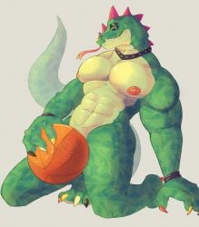 abs absurd_res anthro barbell_piercing covering covering_crotch glistening_eyelids hi_res kadedrawz komodo_dragon lizard looking_at_viewer male male/male modo_olachenko monitor_lizard multiple_piercings muscular muscular_anthro muscular_male nipple_dip nipple_piercing nipples nude pecs piercing reptile scalie smile smile_at_viewer solo tongue tongue_out tongue_piercing