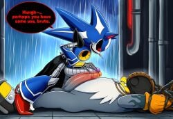 accipitrid accipitriform ai_generated anthro armor avian balls beak big_penis bird blue_body bodily_fluids bondage bound clothing dialogue duo english_text erection eulipotyphlan foreskin genital_fluids genitals glans hedgehog helmet hi_res humanoid_genitalia humanoid_penis lying machine male male/male mammal metal_sonic neo_metal_sonic penis pink_glans precum raining red_eyes robot sega sex sonic_(series) sonic_the_hedgehog_(series) speech_bubble storm_the_albatross sunshineslop text