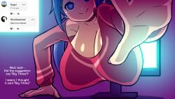 :> :) breast_focus clothed clothed_female crazy_mita_(miside) cute cute_face huge_breasts mike_inel miside mita_(miside) screen smiling_at_viewer solo_female