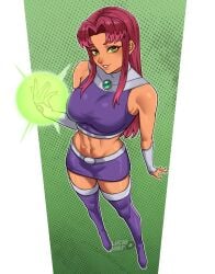 1girls boots breasts dc dc_comics female female_only full_body gloves green_eyes halftone halftone_background large_breasts lipstick long_hair looking_at_viewer luchidart makeup midriff miniskirt navel orange_skin pencil_skirt polka_dot polka_dot_background purple_boots purple_legwear purple_skirt red_hair skirt sleeveless smile solo starfire teen_titans thigh_boots thighhighs