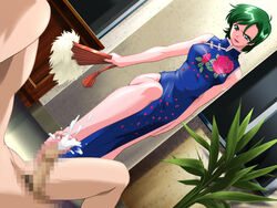 blue_eyes censored cum cumshot ejaculation feet female femdom footjob green_hair hair looking_down male penis short_hair standing standing_footjob straight