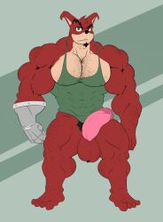 1boy 2017 anthro balls bandicoot bara chest_hair crash_(series) crunch_bandicoot erection furry furry_only gay green_eyes green_tank_top makeembig male male_only marsupial muscular penis pubic_hair solo tank_top yaoi