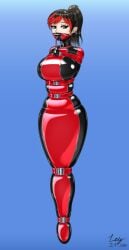 1girls arms_behind_back black_hair bondage bound bound_ankles bound_arms bound_legs collar encasement female female_only femsub fully_clothed green_eyes inflatable_gag inflation_bulb latex latex_bondage latex_clothing png ponytail posture_collar pump_gag red_hair red_highlights rubber rubber_clothing sacked simple_background yuicatte