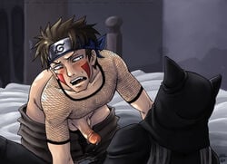 2boys blush boner erection fishnet gay inuzuka_kiba kankuro male male_only mesh_shirt multiple_boys multiple_males naruto open_mouth penis precum straight_hair yaoi