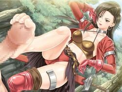 aida_maki aira barefoot bikini_armor brown_hair censored choker clothing collar dragon_quest dragon_quest_vii earrings feet femdom footjob jpeg_artifacts long_hair looking_down penis small_breasts standing standing_footjob weapon