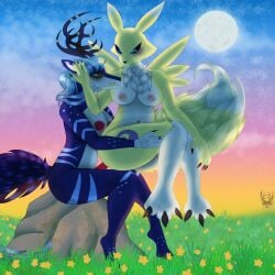 absurd_res accessory anal anal_sex anthro antler_ring antlers bandai_namco black_sclera blue_body blue_eyes blue_fur blue_hair blush breasts canid canine cervine cloud deer digimon digimon_(species) duo female feral flower fluffy fluffy_tail fox fur fur_markings furgonomics furry gradient_background grass green_eyes gynomorph hair hi_res horn huge_filesize hybrid intersex intersex/female mammal markings moon on_lap penetration phemia plant renamon rock simple_background sitting_on_lap sky star tail tarina watermark yellow_body yellow_flower yellow_fur