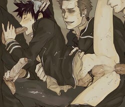 anal animal_ears blush bound_penis closed_eyes cum fellatio four_on_one gay group_sex handjob horns male male_only nipple_tweak oral school_uniform schoolboy spread_legs sweatdrop tied_penis uniform yaoi