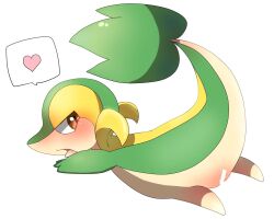 censor_bar censored censored_genitalia censored_vulva female feral generation_5_pokemon genitals green_body heart_symbol leaf leaf_tail looking_back lying nintendo on_front open_mouth pokemon pokemon_(species) snivy solo speech_bubble tail tan_body vulva yakiniku628