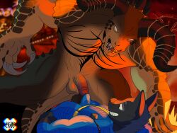anthro balls black_body black_fur bottomwear bulge claws clothing deathclaw duo ears_up erection fallout fur genitals hi_res horn j450n2080 looking_at_another looking_down looking_forward lying lying_on_ground male male/male max_damage_(furry) microsoft muscular muscular_anthro muscular_male on_back on_ground open_mouth pants penis scalie smile smiling_at_another tail teeth teeth_showing touching_penis