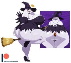 2026 4_fingers absurd_res anthro ass big_breasts big_butt biped blush bodily_fluids bovid breasts broom caprine cleaning_tool clothing costume deltarune digital_media_(artwork) female fingers footwear goat halloween hi_res high_heels huge_breasts huge_butt mammal nipple_outline object_in_ass rear_view shoes simple_background smile solo sssonic2 sweat sweatdrop thick_thighs toriel undertale_(series) wide_hips witch_costume