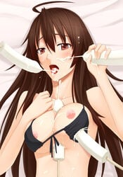 1girls akitsuki_karasu between_breasts bikini_top blush breasts brown_hair cum cum_in_mouth cum_on_hair facial female food_between_breasts long_hair lying nipples on_back open_mouth original popsicle popsicle_between_breasts red_eyes sexually_suggestive solo