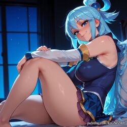 2025 ai_generated anime aqua aqua_(konosuba) aqua_\\\\\\\\(konosuba\\\\\\\\) bangs bare_shoulders bed blue_eyes blue_hair blue_shirt blue_skirt blush breasts cleavage closed_mouth covered_nipples crossover detached_sleeves eye_contact female female_focus female_only flushed hair_accessory hair_ornament hair_rings highres huge_breasts indoors inside knee_up kono_subarashii_sekai_ni_shukufuku_wo! konosuba large_breasts lips long_hair looking_at_viewer neutral_expression night night_sky nsfw on_bed patreon patreon_username rognezart shirt sitting skirt sky smile smiling solo star_\\\\\\\\(sky\\\\\\\\) starry_sky thick_thighs thighs very_long_hair watermark web_address window