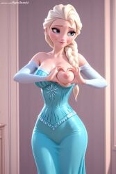 ai_generated artist_name bare_shoulders blonde_hair blue_dress blue_eyes braid breasts disney disney_princess dress elsa_(frozen) eyeshadow female frozen_(film) hair_over_shoulder hi_res high_quality high_resolution lips long_hair looking_at_viewer medium_breasts nipples no_bra patreon patreon_username seductive sexy single_braid smile solo spicytoonai standing uncensored watermark web_address