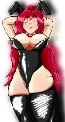 1girls arms_up big_breasts blush brown_eyes bunny_ears bunnysuit female_only gebura_(lobotomy_corporation) gray_eyes lobotomy_corporation looking_at_viewer partially_clothed project_moon red_hair scar selfie simple_background thick_thighs thighhighs