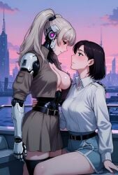 2girls age_difference ai_generated belt_buckle black_hair blue_eyes blush boat carrying_partner city closed_eyes cybernetic_arm cybernetics cyborg cyborg_girl dawn detached_sleeves early_morning embrace female/female female_only future happy harbor height_difference large_breasts lifting_partner light-skinned_female long_hair lovers loving_couple no_bra picking_up reincarnation reunion romantic_couple short_hair short_shorts skirt skyscraper smiling_at_partner sound tagme thighhighs tongue_kiss twintails video water white_shirt wife_and_wife yuri