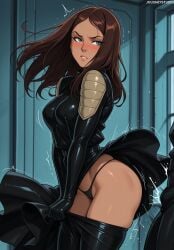 1boy ai_generated artist_name ass biting_own_lip black_bodysuit black_panties blush bodysuit breasts brown_hair clothes_lift clothes_pull clothing dark-skinned_female dark_skin dress female green_eyes highleg highleg_panties indoors jousneystudio large_breasts latex latex_bodysuit laura_kinney long_hair looking_to_the_side male marvel marvel_comics medium_breasts motion_lines panties pants pants_pull parted_lips patreon_username sex shiny_clothes skindentation skirt solo solo_focus straight string_panties thighs thong trembling underwear wind wind_lift x-23 x-men