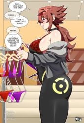 1girls big_breasts bikini blush bra brown_hair choker clothing dialogue english_text female female_only grin hi_res indoors jacket_off_shoulders jadenkaiba long_hair original school_fight smile solo speech_bubble store sunglasses_on_head thick_thighs tied_hair yui_rakkuza