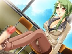 blush cum feet footjob footjob_with_legwear green_hair penis smile