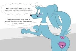 animal_genitalia animal_vulva anthro anus blue_body blue_fur canid canine canine_genitalia canine_vulva canis clockstops3am cool_colors domestic_dog english_text female fur genitals hi_res in_heat labbit1337 mammal purple_anus purple_vulva raine_(rainedog) rainedog solo text vulva