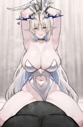1boy animal_ears arms_up bare_shoulders blue_eyes blush breasts chains clothing_aside collarbone commentary_request commission dark_skin fake_animal_ears female fleurdelys_(wuthering_waves) grey_hair highres huge_breasts interracial leotard leotard_aside long_hair pixiv_commission playboy_bunny pointy_ears pov rabbit_ears sex siu_(siu0207) straight strapless strapless_leotard very_dark_skin white_leotard wuthering_waves