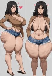 ai_generated areolae ass attack_on_titan big_breasts bikini_top black_hair breasts cellulite crop_top denim denim_shorts fat_ass flip_flops pieck_finger sagging_breasts shingeki_no_kyojin shorts taiga20 thick thick_thighs