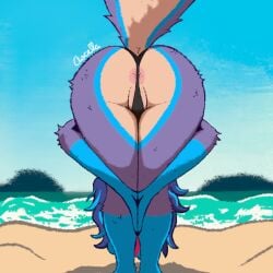 1:1 absurd_res anthro anus anus_behind_thong ascella ascella_(artist) ass_up beach bent_over big_butt bikini bikini_bottom black_bikini black_claws black_clothing black_swimwear blue_body blue_feet blue_fur blue_hair blue_hands blue_sky blush body_blush butt camel_toe canid canine canis claws clothing colored_line_art countershade_accent countershading feet female fur genitals gloves_(marking) hair hands_together hi_res highlights_(coloring) leg_markings looking_away mammal markings multicolored_body multicolored_fur multicolored_hair obscured_face outside pink_hair praise_da_booty_(meme) purple_body purple_fur raised_tail sand sea sky socks_(marking) solo standing swimwear tail tan_body tan_countershading tan_fur thighs_together two-piece_swimsuit vulva vulva_blush water wolf