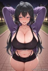 ahoge ai_generated arms_behind_head arms_up black_hair black_panties black_shorts black_sports_bra blue_eyes blush breasts cleavage collarbone curvaceous curvaceous_body curvy curvy_body curvy_female female flying_sweatdrops heart heart-shaped_pupils highleg huge_breasts jacket large_breasts long_hair long_sleeves looking_to_the_side midriff my_teen_romantic_comedy_snafu navel night night_sky open_clothes open_jacket open_mouth outdoors panties scinna self_upload short_shorts shorts sky smile solo sports_bra stable_diffusion standing star_(sky) stomach sweat symbol-shaped_pupils thick_thighs thighs track_jacket underwear voluptuous voluptuous_body voluptuous_female yahari_ore_no_seishun_lovecome_wa_machigatteiru. yukinoshita_yukino