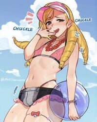 1boy alternate_costume armpits ball bare_arms beachball bead_bracelet beads bikini bikini_shorts black_bikini black_shorts blonde_hair blue_sky bracelet brown_eyes cloud commentary commission covered_nipples cowboy_shot crossdressing crossdressing_(mtf) drill_hair fire_emblem fire_emblem_fates flower flower_necklace forrest_(fire_emblem) half-closed_eyes hand_to_own_mouth hand_up highres holding holding_ball holding_beachball jewelry laughing long_hair male_focus micro_shorts navel notice_lines oerba_yun_fang outdoors pink_bikini samsara samsara_(shuukeura) shorts skindentation sky smug solo stomach swimsuit thighlet thighs thong_above_shorts thong_straps trap visor_cap