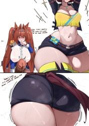 1futa 1girls animal_ears ass ass_focus bangs big_ass big_breasts big_penis black_shorts blush breasts bubble_butt cleavage daiwa_scarlet_(umamusume) erection futanari horse_ears horse_girl horse_penis horse_tail horsecock huge_ass huge_breasts huge_cock huge_thighs jewelry k_dhen large_penis long_hair navel necklace nipples nipples_visible_through_clothing pantylines penis short_shorts shorts sweat tagme text thick_thighs thighhighs thighs twintails umamusume umamusume_pretty_derby uncensored underwear_outline vodka_(umamusume)
