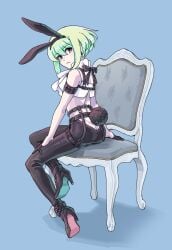 1boy androgynous ass back_view bunny_ears bunny_tail clothed clothing fake_animal_ears femboy femboy_only lio_fotia looking_at_viewer petite petite_body petite_male promare slim slim_male slim_waist solo tight_clothing twink