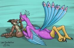 anthro avian avian_feet beak biped bird blue_body bodily_fluids brown_body bryce_daeless claws clothing countershading doesnotexist drooling feathered_crest feathered_wings feathers galliform genitals green_eyes gyro_feather gyrotech head_crest hi_res horn kobold male peafowl penis phasianid pink_body pupils saliva scalie scarf slit_pupils tail tail_feathers tan_body vore_tease winged_arms wings
