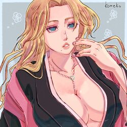 artist_name big_breasts black_kimono bleach blonde_hair blue_background blue_eyes breasts chain_necklace chains cleavage female full_cleavage hand_to_own_mouth hashtag-only_commentary highres japanese_clothes jewelry kimono large_breasts lipskomeko_(strikek-lvvjm27) long_hair matsumoto_rangiku mole mole_under_mouth necklace necklace_between_breasts open_clothes open_kimono parted_bangs parted_lips pink_shawl plunging_neckline shawl shihakusho solo upper_body