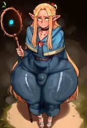 1boy dungeon_meshi femboy front_view genderswap huge_hips huge_thighs long_hair marcille_donato solo yellow_hair