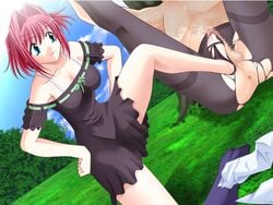 anus blue_eyes breasts censored cleavage crossdressing dress feet femdom footjob grass penis pink_hair sandaljob sandals shoejob smile standing standing_footjob standing_on_one_leg toes torn_clothes tree