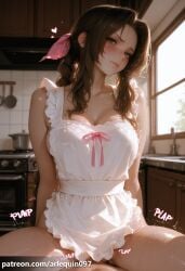 1boy aerith_gainsborough ai_generated apron arlequin097 arms_behind_back bangs bare_shoulders blush braid breasts brown_hair cleavage closed_mouth clothed_sex collarbone cowgirl_position female final_fantasy final_fantasy_vii final_fantasy_vii_remake green_eyes hair_ribbon heart implied_sex indoors kitchen large_breasts long_hair looking_at_viewer medium_breasts naked_apron patreon_username pov ribbon sex solo_focus straddling straight sweat white_apron window